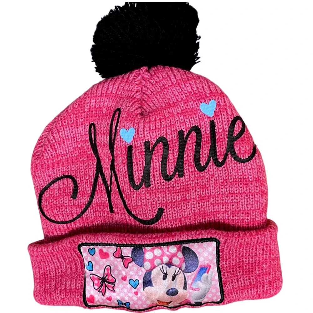 Girls Pink‎ Minnie Mouse Beanie Hat Pom Pom Disney Winter Knit Cap